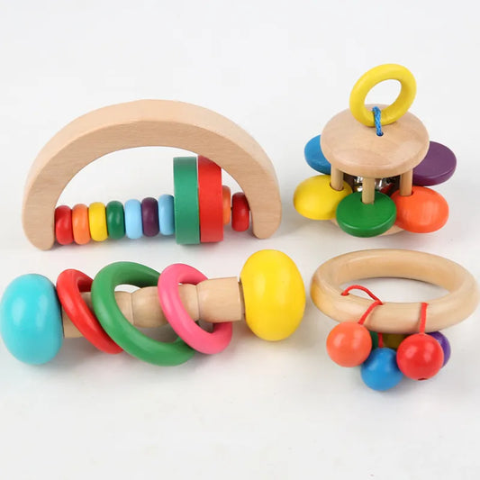 Beech Wooden Rattle Hand Bells Toys Of Newbron Montessori Educational Toys Mobile Rattle Wooden Ring Baby Products