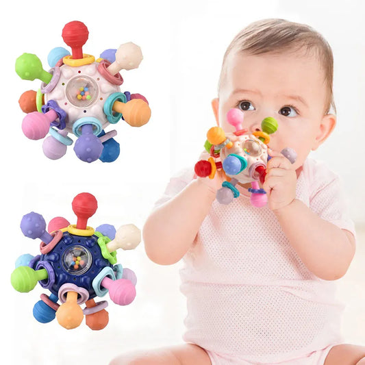 0 12 Months baby Rotating Rattle Ball Grasping Activity Silicone Teether Baby Sensory Toys